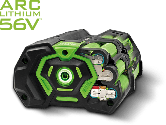 An EGO Power+ 56V ARC Lithium™ Ion battery, powered on.